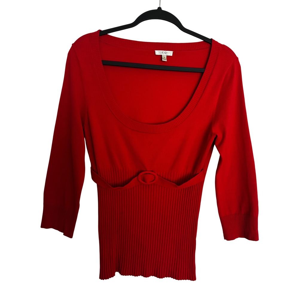 Cache Vtg Y2K Red Silk Blend Belted Scoop Neck Ribbed Sweater Size Medium
